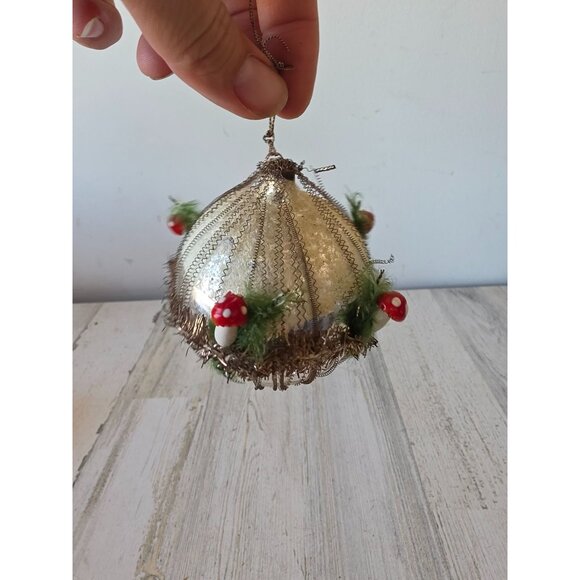 Antique mushroom glass tinsel ornament german RARE flocked ball Xmas tree - Picture 2 of 6